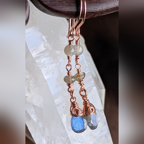 Mystical Labradorite Earrings Dainty Copper Wire Wrapped Design - Picture 3 of 12